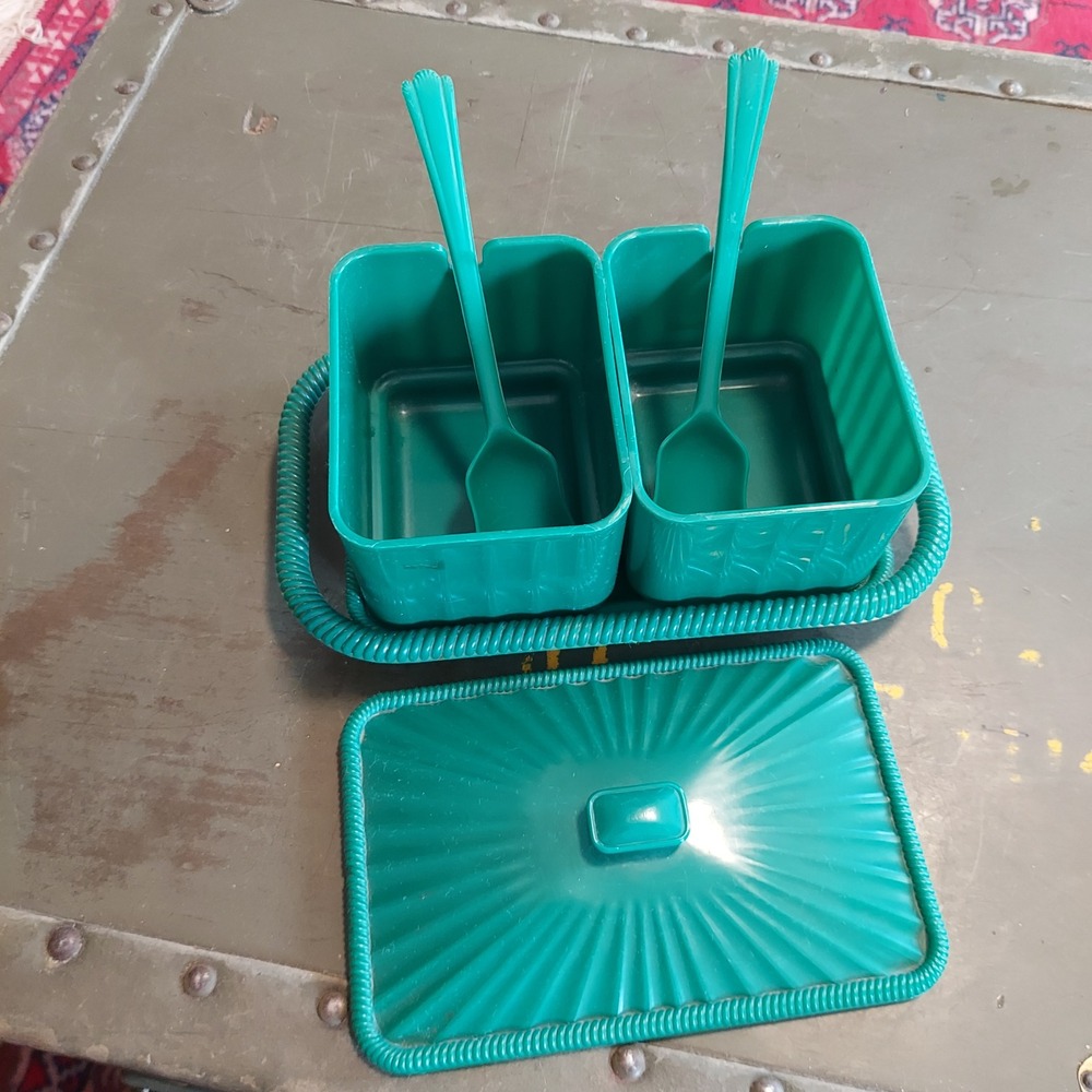 Vintage Plasmetl Teal Green Plastic Condiment Server Set Tray Spoons USA MCM